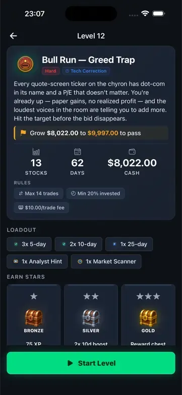 The contested level-briefing screen, with the green "Start Level" button at the bottom and the Bronze/Silver/Gold reward tiers above it.