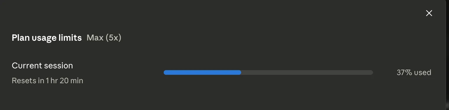 Claude Max(5x) session usage meter at 37% used after the first Opus hunt.